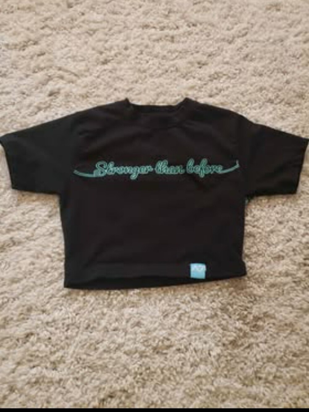 Black Short-Sleeve Crop Tee with Teal Script
